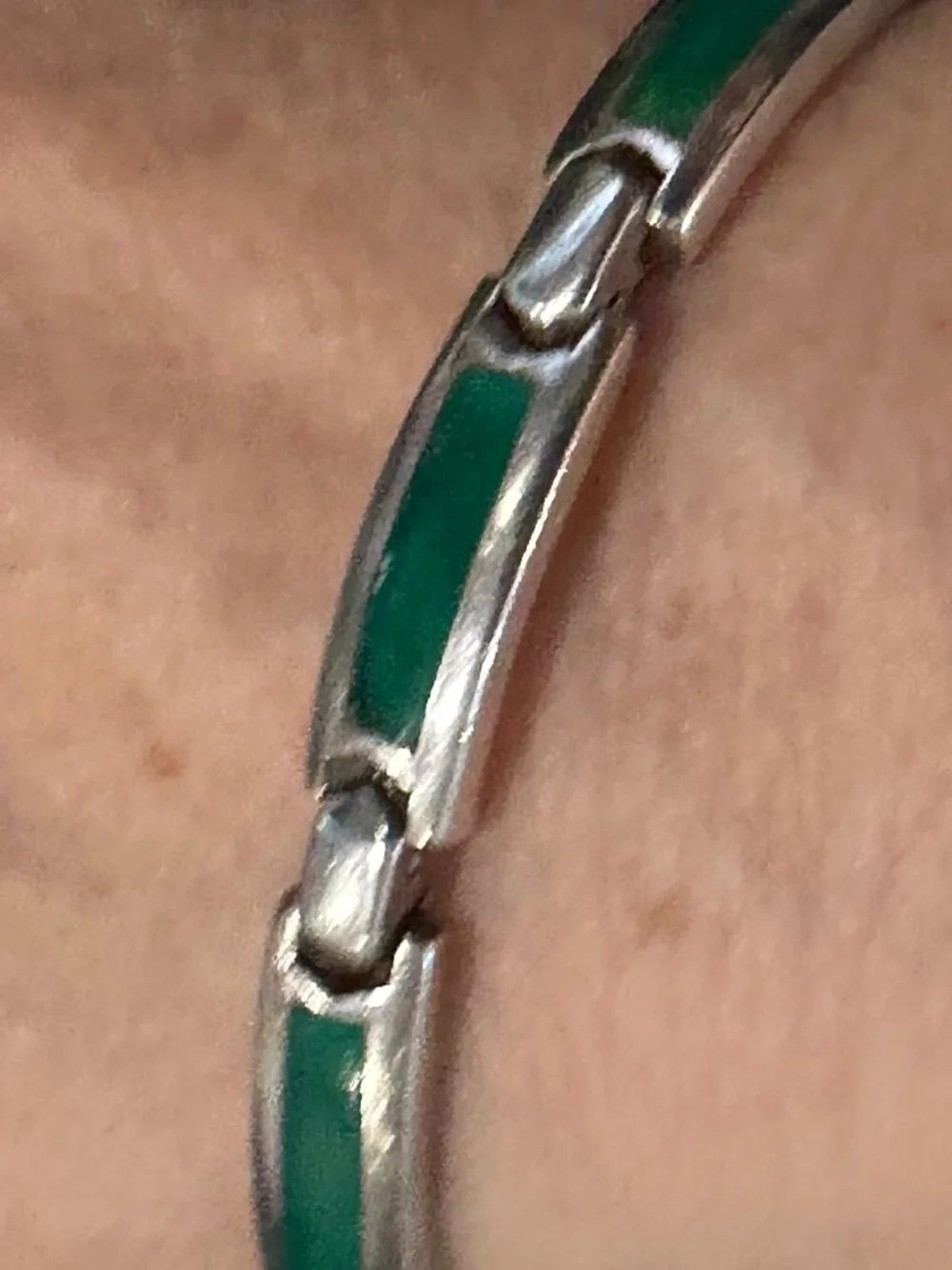 Vintage Sterling Silver 925 Natural Green Chalcedony Inlay 7 Link Heavy Bracelet
